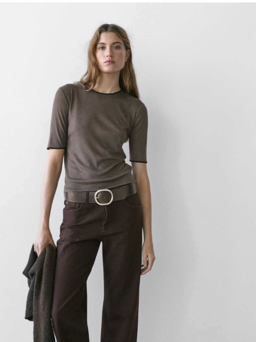 Massimo Dutti NWT lyocell wool blend t-shirt with contrast detailing brown XS